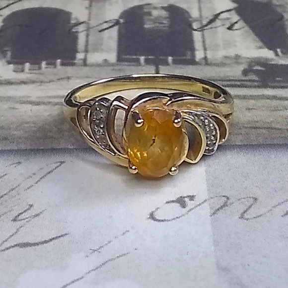 Solid 10KT Gold Yellow Citrine & Diamonds Ring Sz 7 - Picture 2 of 11